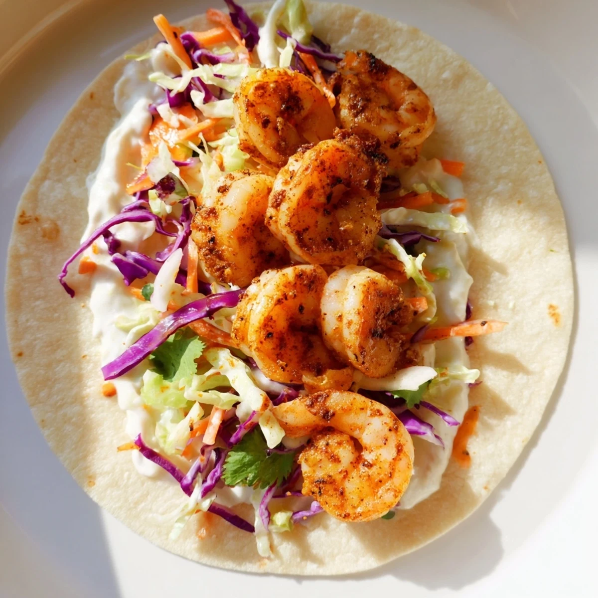 Freshly assembled shrimp tacos featuring vibrant pink shrimp, shredded slaw, and creamy lime sauce for a refreshing bite.