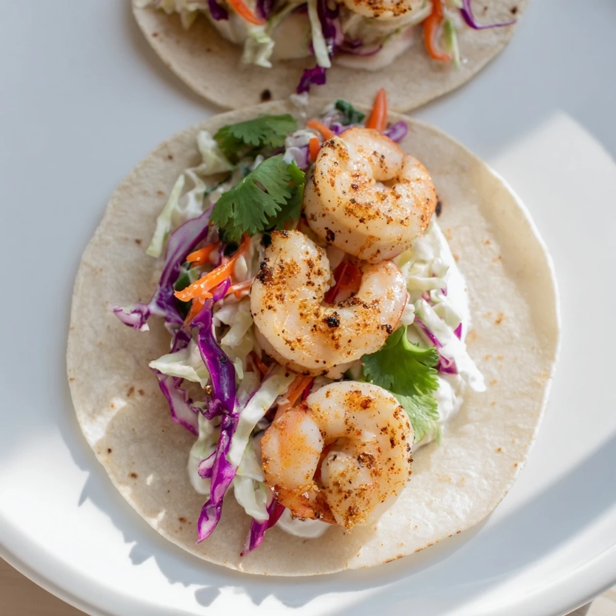 Juicy shrimp tacos topped with crunchy slaw and lime crema, served on a rustic plate with fresh cilantro.