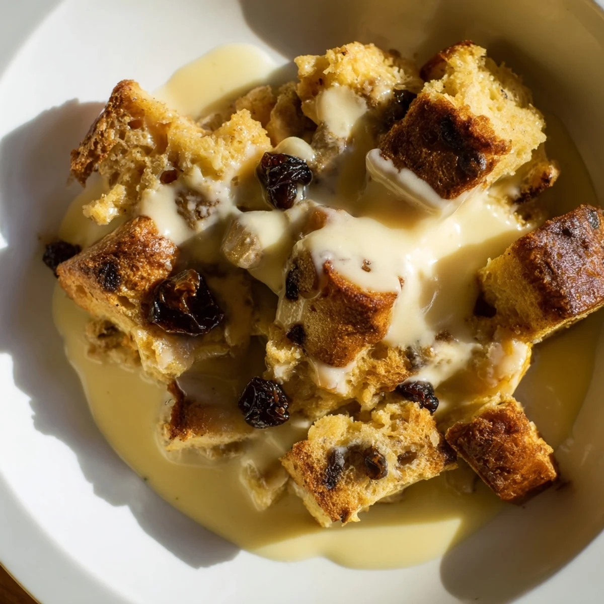 Freshly baked bread pudding with warm vanilla sauce, golden brown with a creamy custard texture.