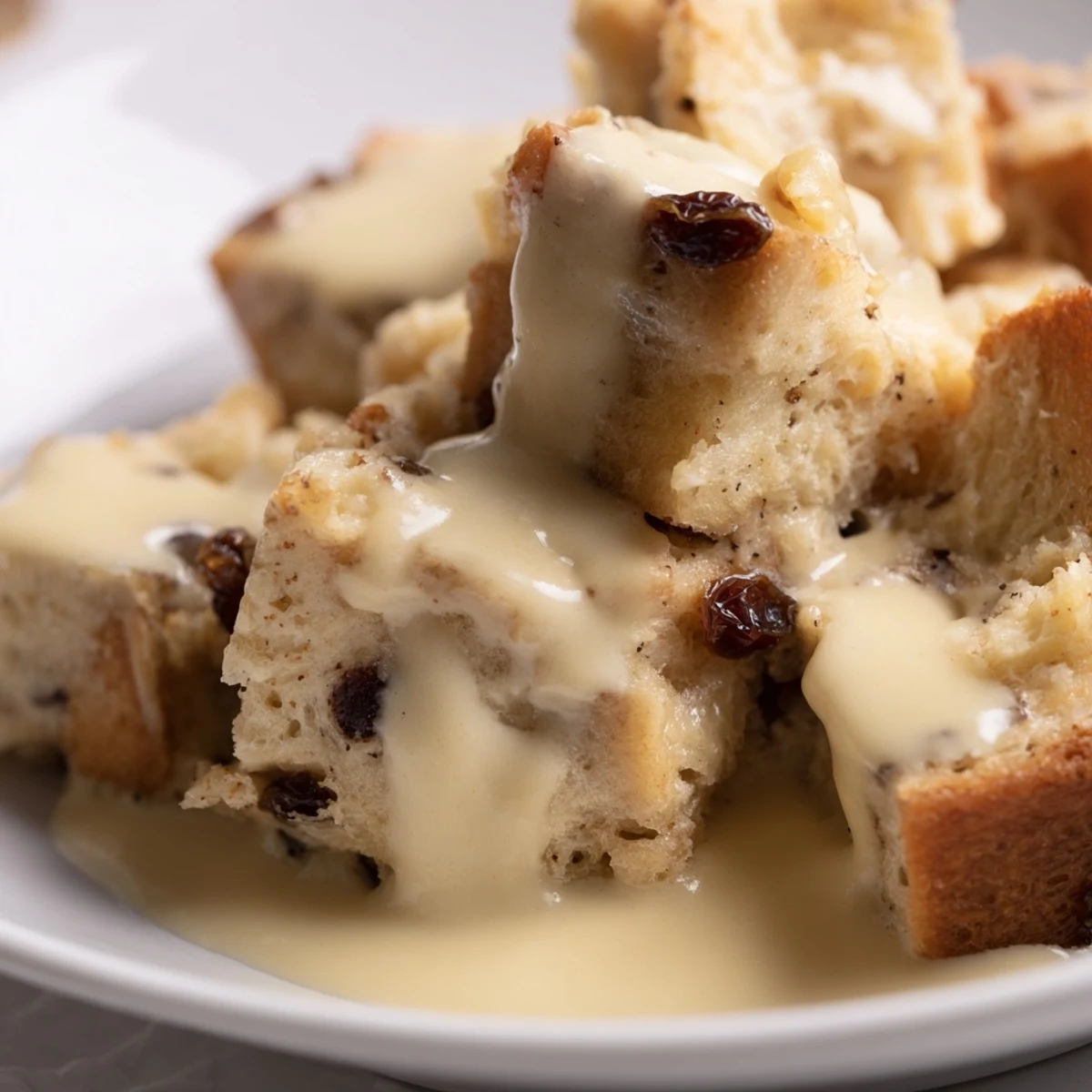 Golden bread pudding cubes soaked in vanilla custard, drizzled with warm sauce for a cozy dessert.