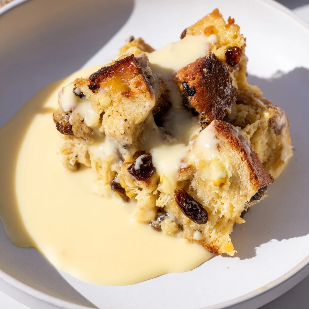 Warm vanilla sauce poured over baked bread pudding, creating a rich and comforting American classic.