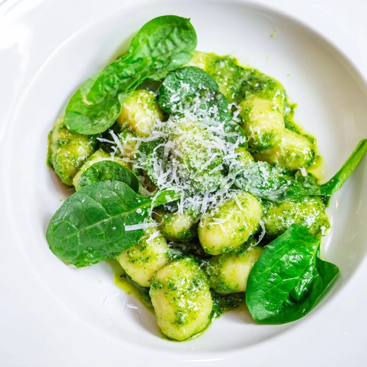 Golden-brown potato gnocchi glistening with basil pesto, tossed with wilted spinach and topped with shaved Parmesan cheese.