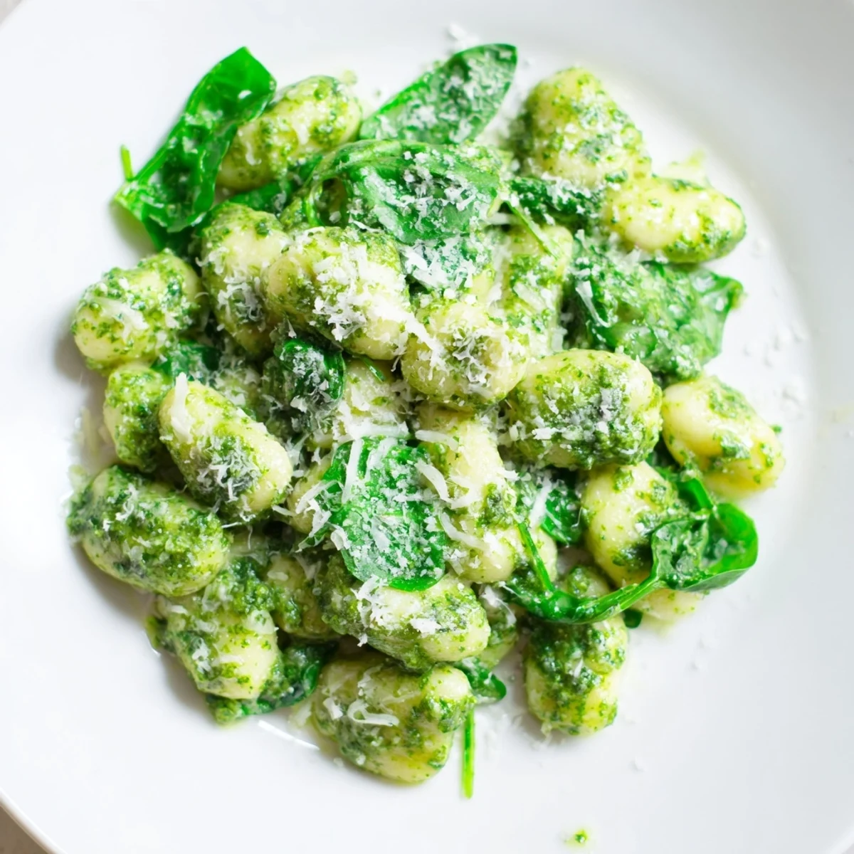 Steaming Italian-inspired Pesto Gnocchi with Spinach and Parmesan served in a rustic white bowl for dinner.