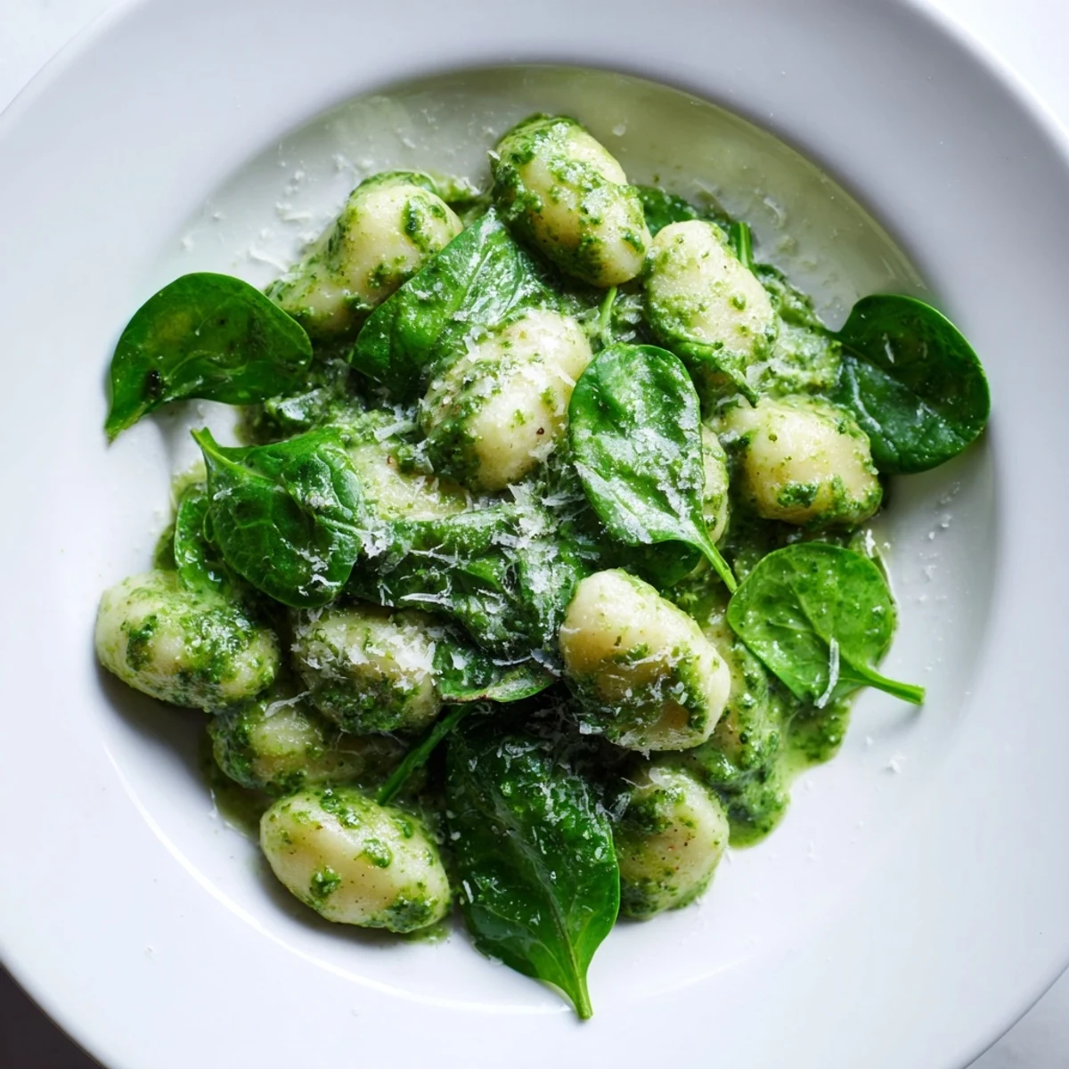 Tender gnocchi coated in vibrant green pesto, mingled with fresh baby spinach and freshly grated Parmesan.
