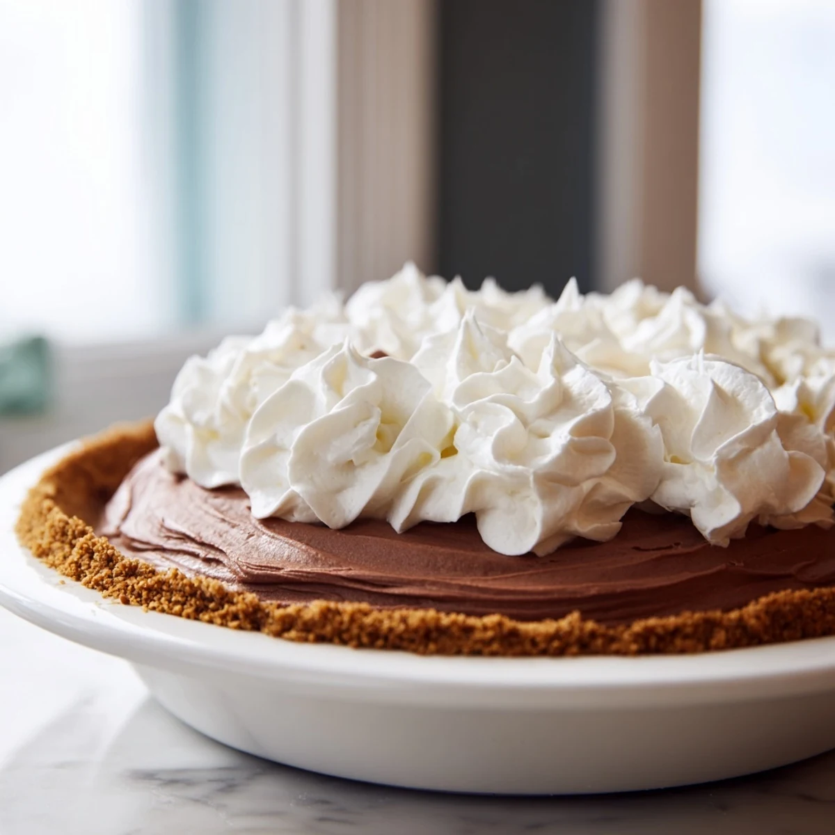 A slice of silky-smooth Chocolate Silk Pie with Whipped Cream sits on a white plate, garnished with delicate chocolate shavings.  