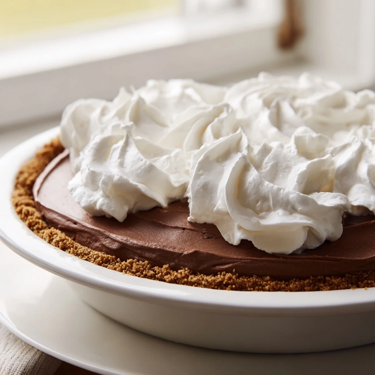 Fresh whipped cream peaks top this rich, creamy chocolate silk pie on a vintage marble counter.  