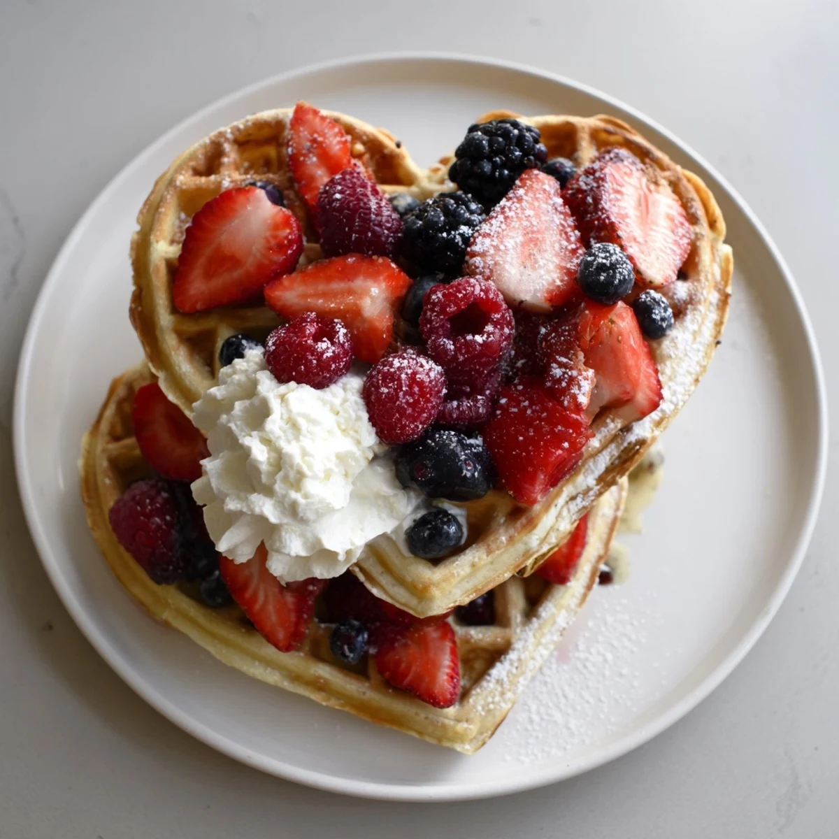 Golden-brown heart-shaped waffles topped with fresh mixed berries and a dollop of whipped cream on a rustic plate.  