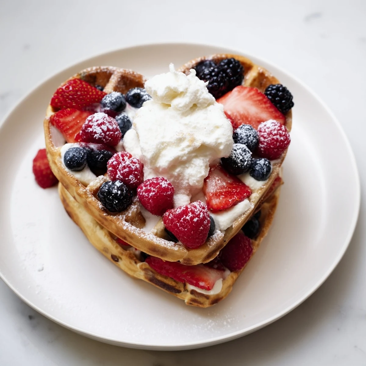 Stack of fluffy heart-shaped waffles with strawberries, blueberries, and sweet vanilla cream for a romantic brunch.  