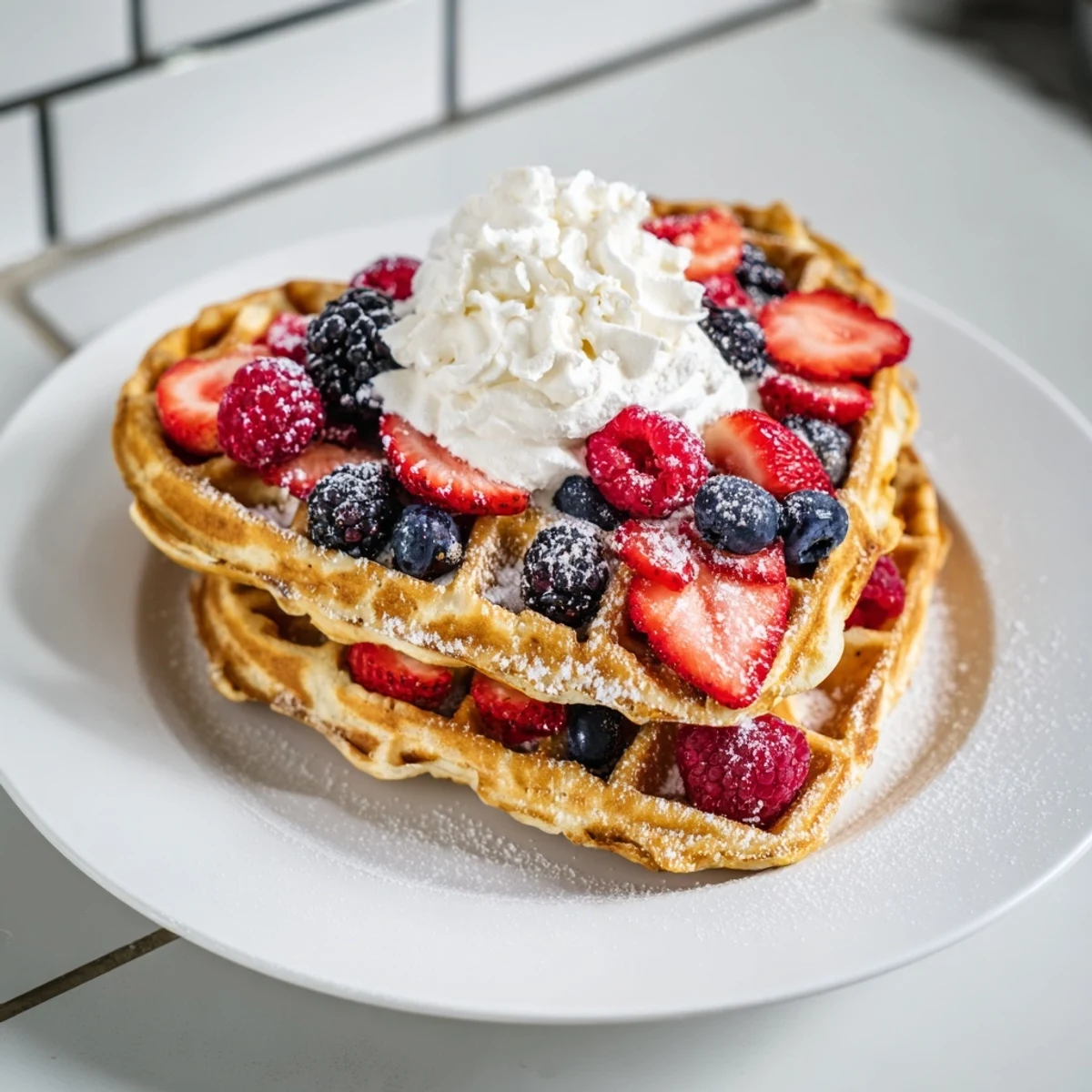 Freshly cooked heart-shaped waffles served with whipped cream and a colorful medley of ripe berries.