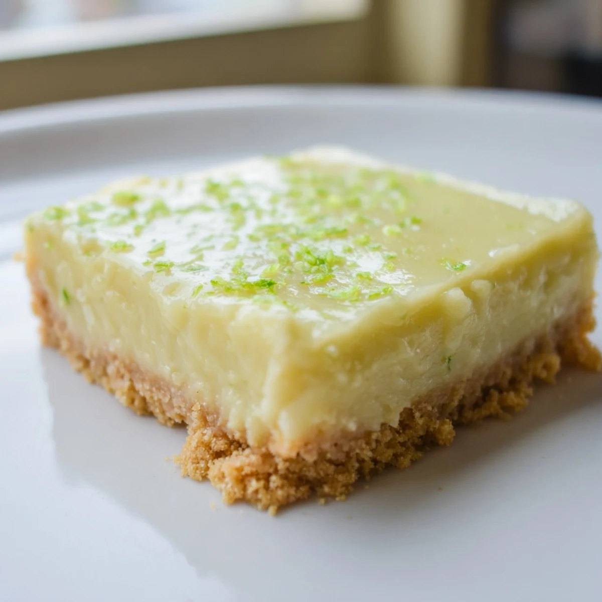 A close-up of sliced Lime Bars with Graham Cracker Crust reveals a creamy tart center and a crumbly crust, garnished with lime zest.