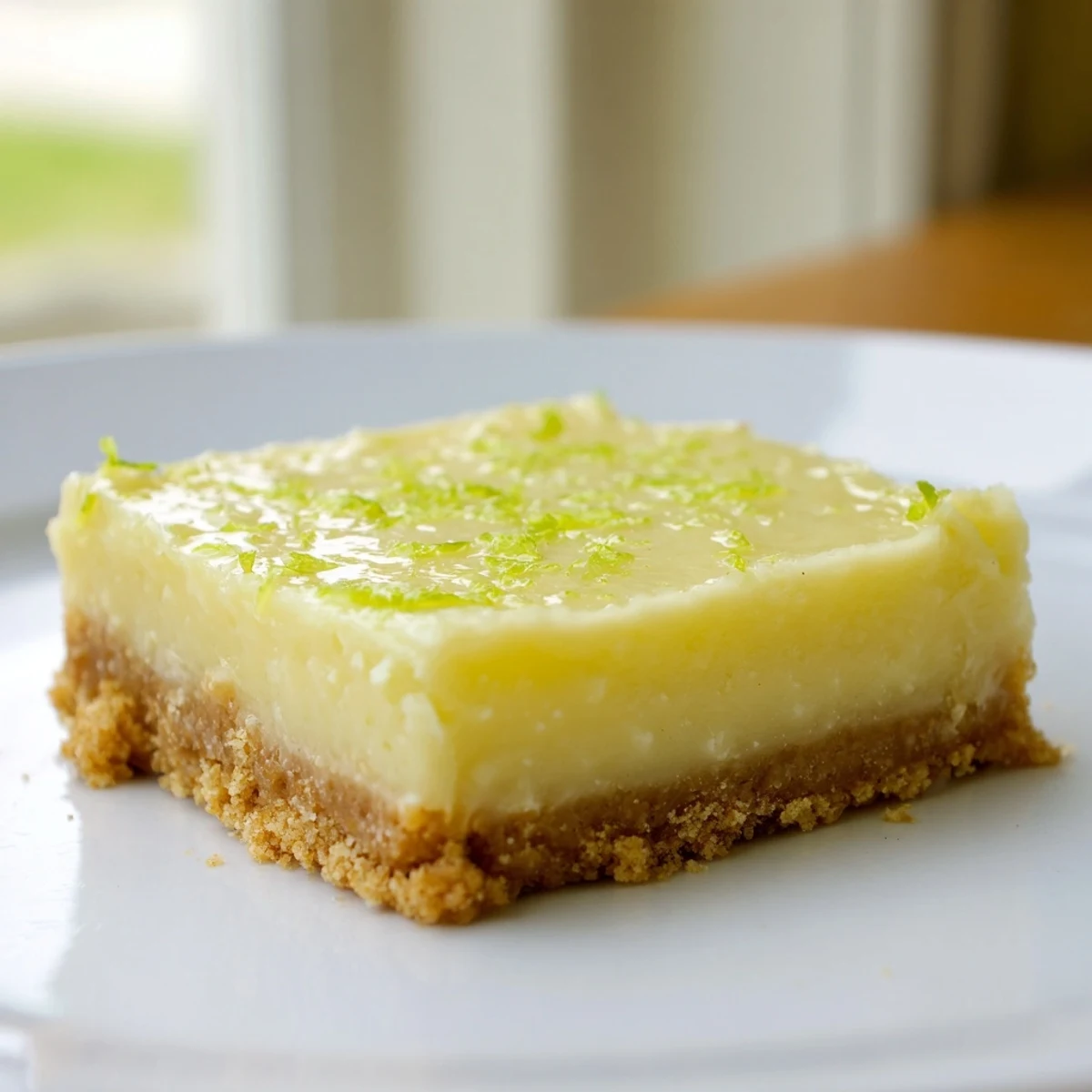 Chilled Lime Bars with Graham Cracker Crust are served on a white plate with a fresh lime wedge, perfect for a summer gathering.