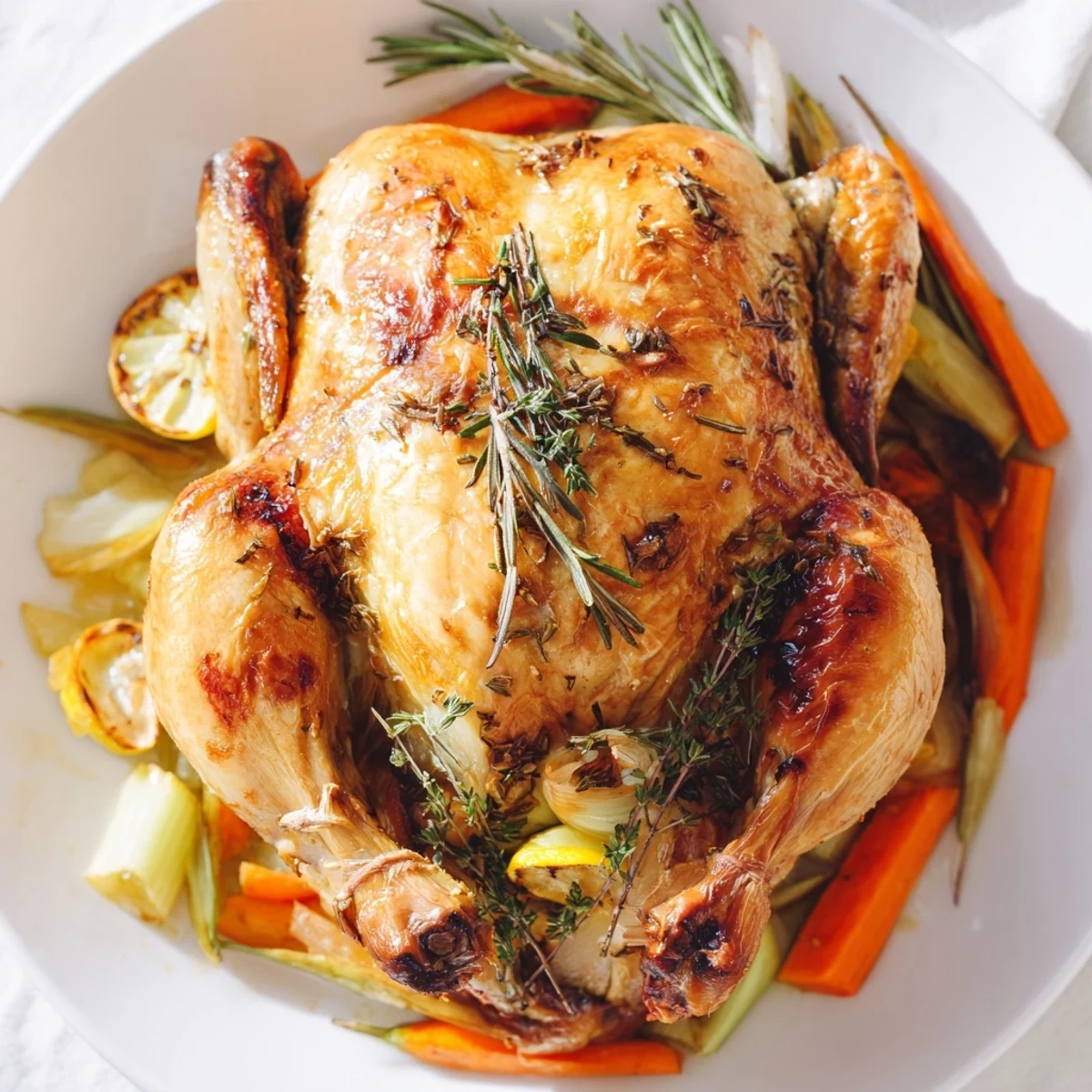 Golden-brown roasted chicken with lemon and herbs, carved on a rustic wooden board, ready to serve for dinner.