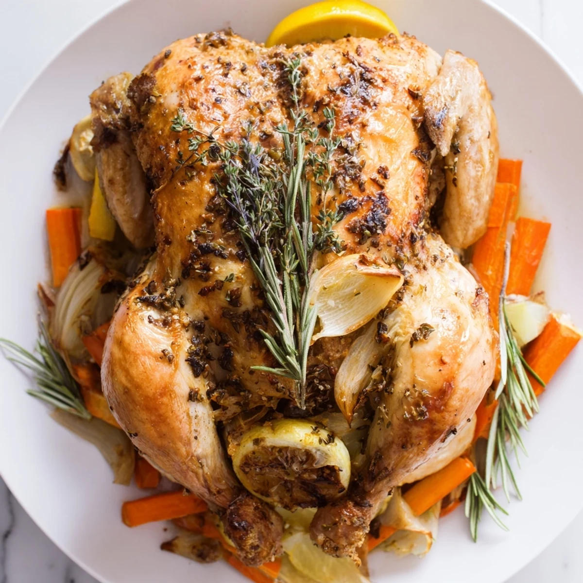 Whole roasted chicken with herbs and lemon wedges, garnished with fresh thyme and rosemary on a platter.