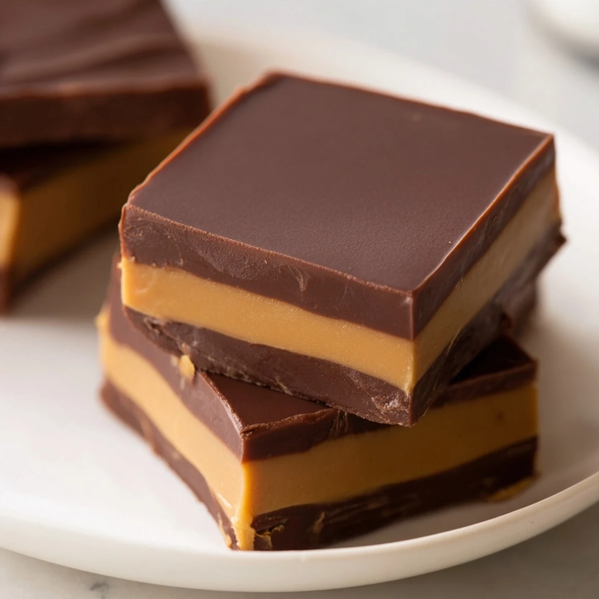 Creamy chocolate peanut butter fudge squares stacked on parchment paper, with rich melted layers visible in a clean, appetizing slice.