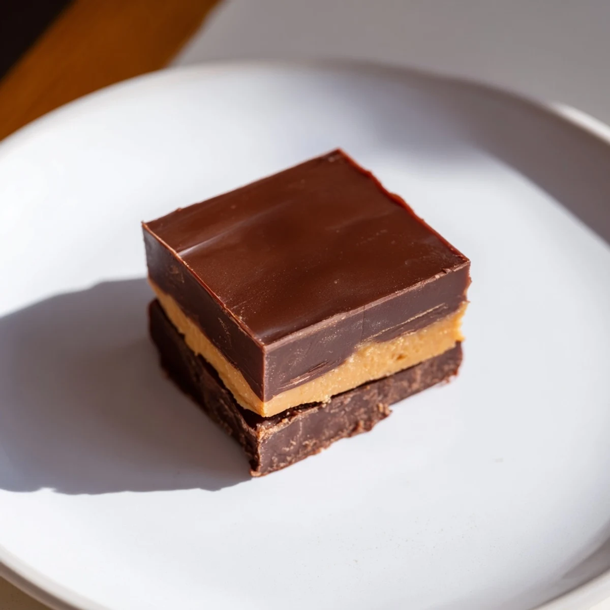 Sliced chocolate peanut butter fudge pieces are presented on a white plate, highlighting the velvety texture and sweet finish.