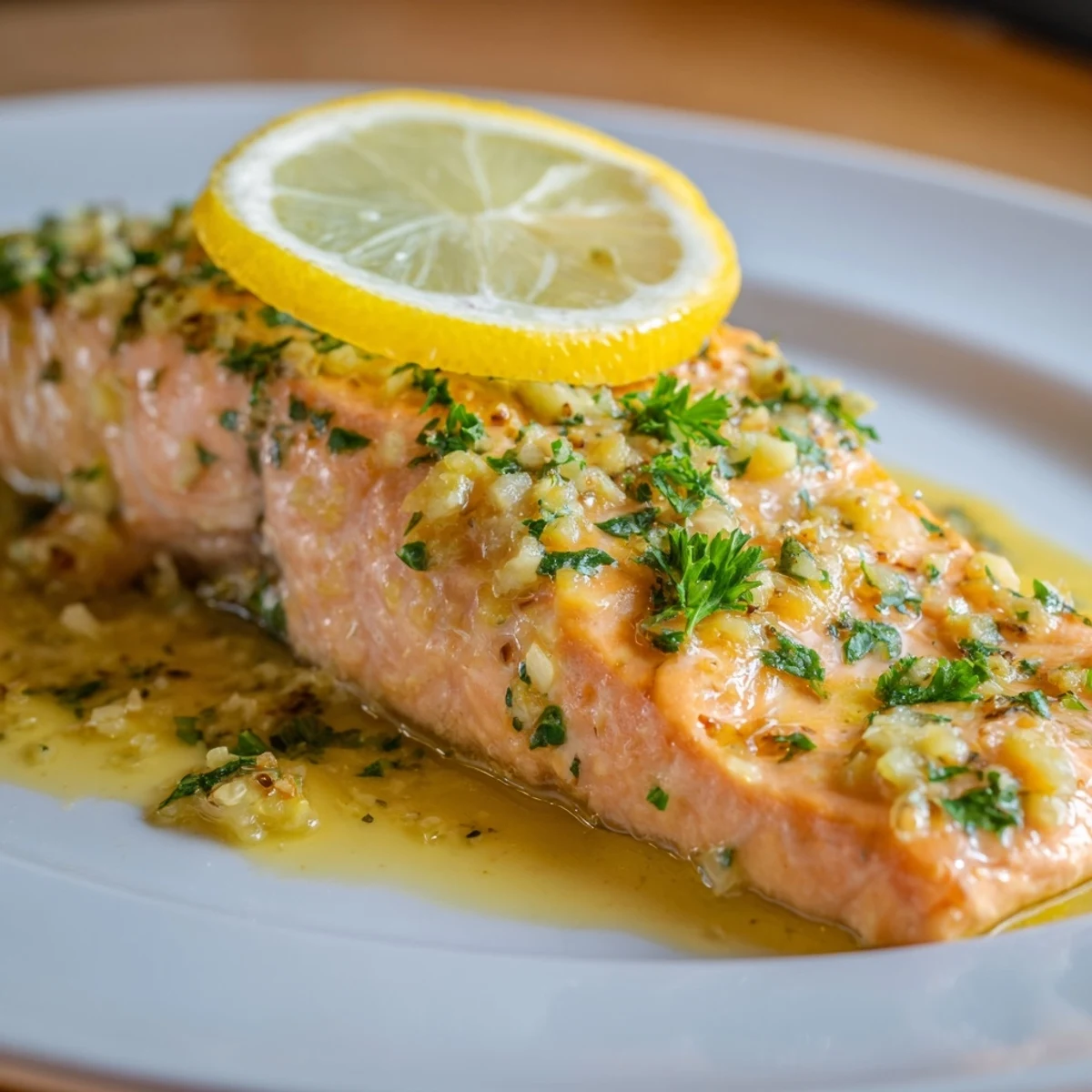 Four golden-brown salmon fillets glisten with lemon garlic butter sauce and fresh parsley garnish.  
