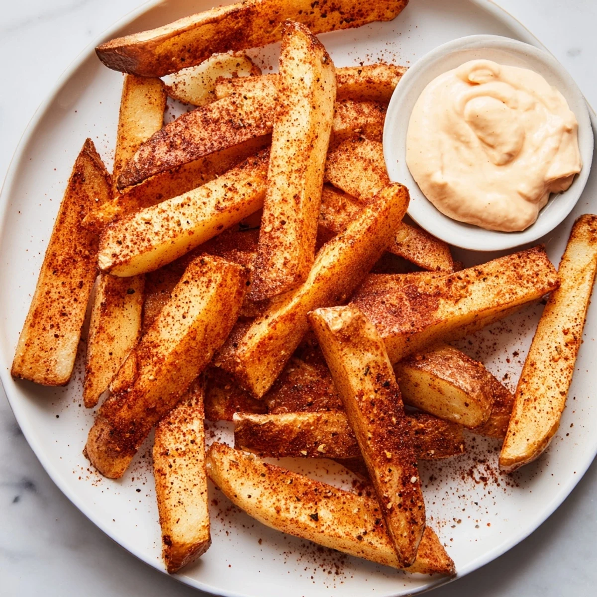 Freshly baked Cajun spiced fries with skins on, scattered next to a small bowl of tangy, homemade spicy mayo.