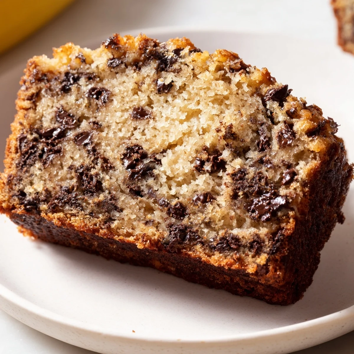 A slice of warm Chocolate Chip Banana Bread with gooey chocolate chips and a tender crumb, perfect for breakfast or dessert.
