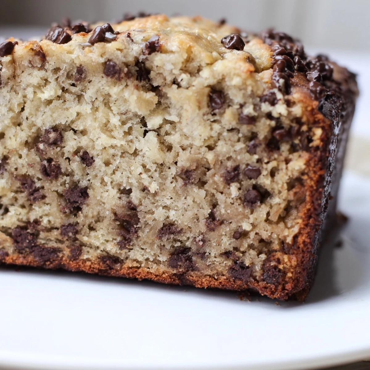 Golden-brown Chocolate Chip Banana Bread with a cracked top, ready to be served with a cup of coffee or tea.