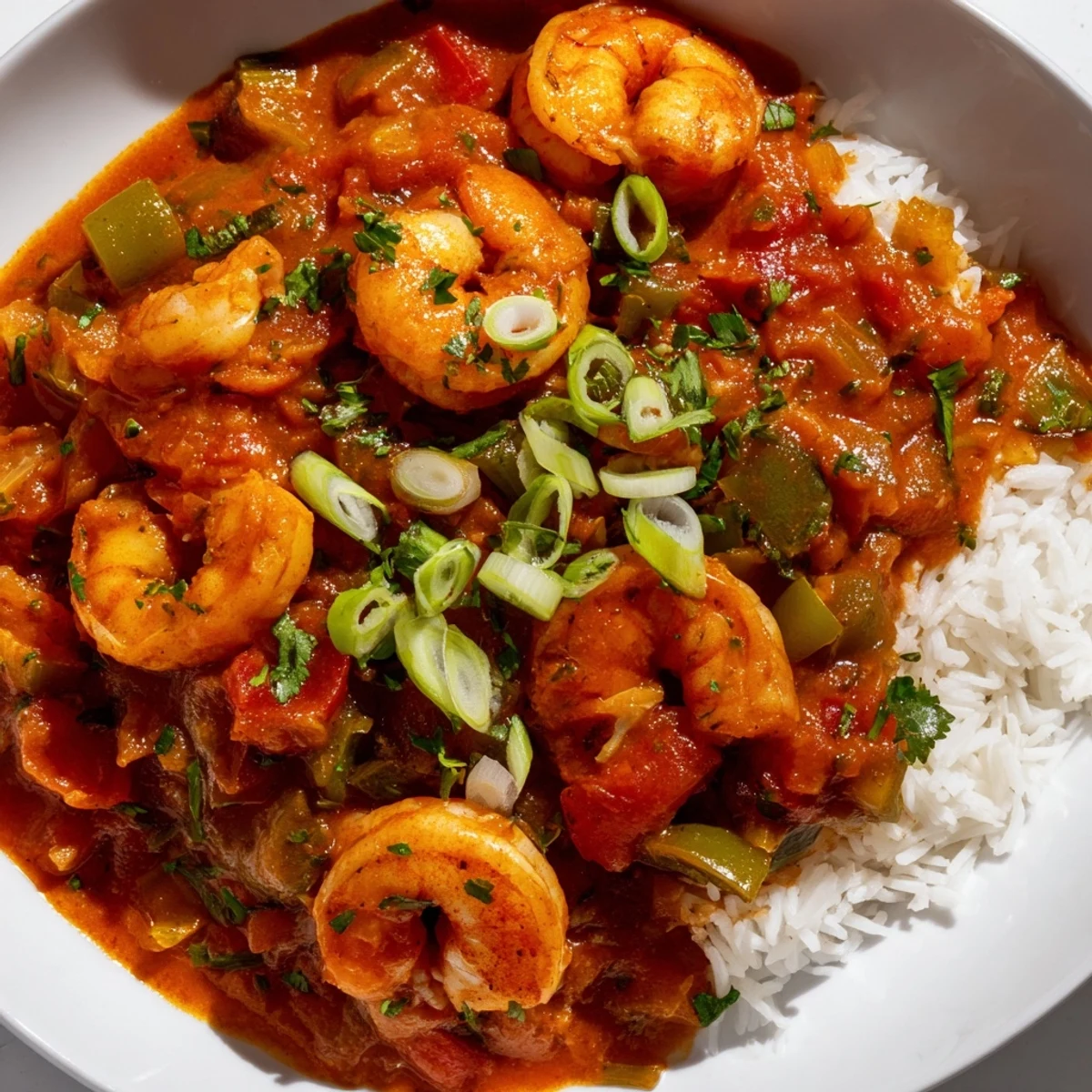 An overhead view of tender shrimp and diced vegetables in a rich, tomato-based Creole sauce, ready to be served with hot sauce.