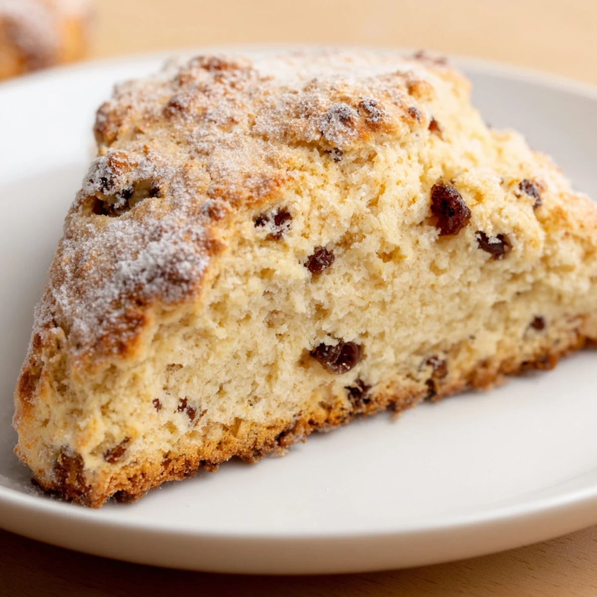 Freshly baked Irish Soda Bread Scones display a golden crust with juicy currants peeking out.  