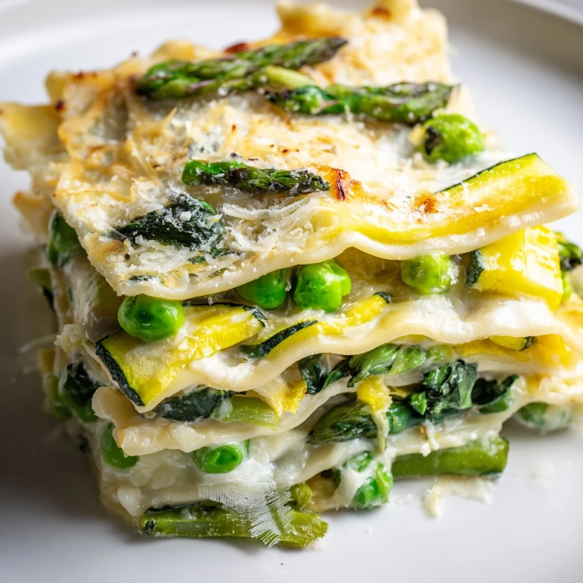 A close-up of a slice of Spring Vegetable Lasagna with White Sauce reveals gooey mozzarella, ricotta, and sautéed spring vegetables in a rich, velvety white sauce.