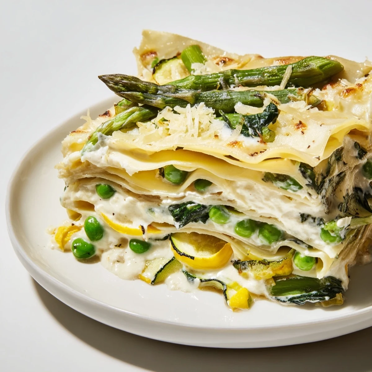 Golden-brown Spring Vegetable Lasagna with White Sauce features layers of zucchini, asparagus, and peas nestled between tender noodles and creamy béchamel, served with fresh basil.