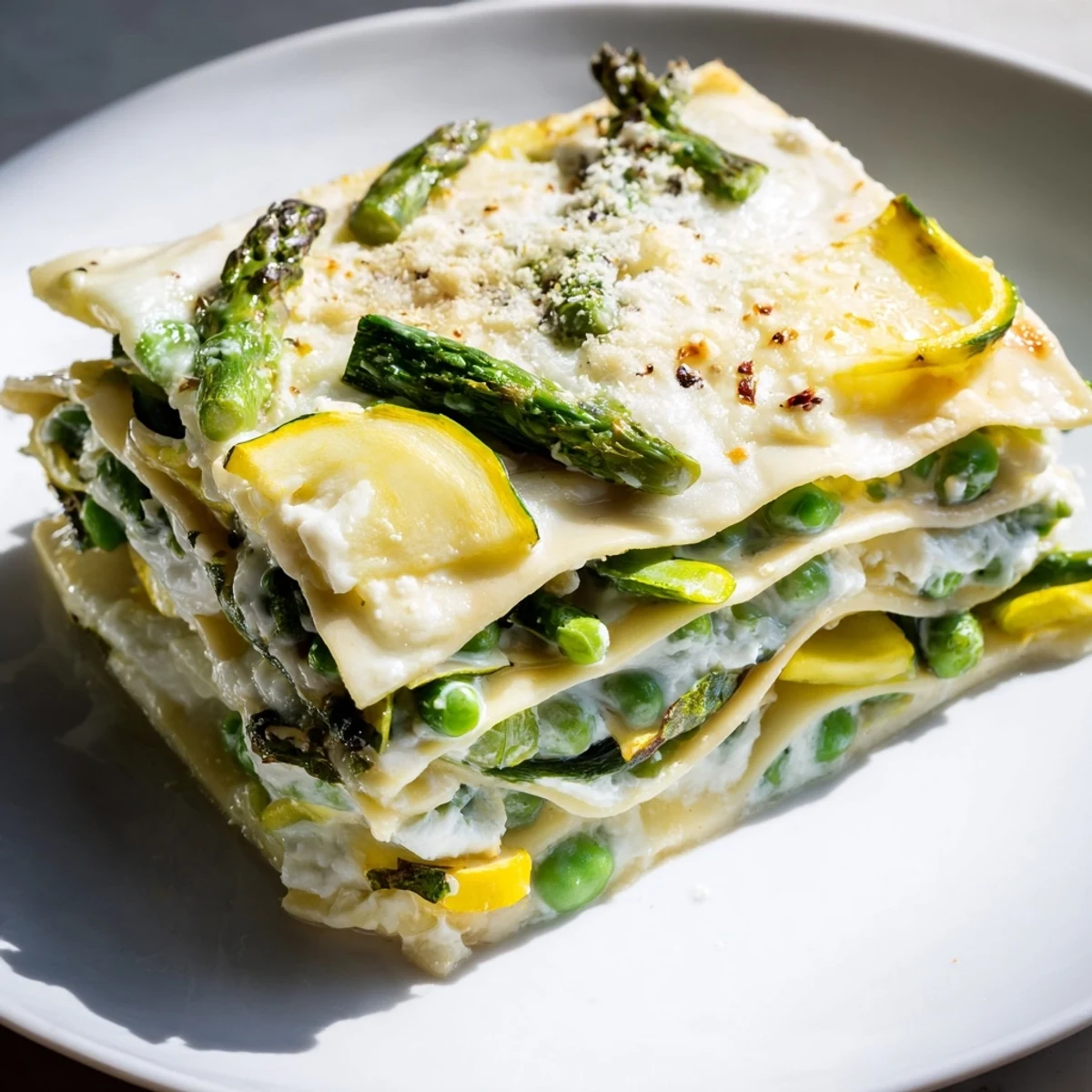 Freshly baked Spring Vegetable Lasagna with White Sauce rests in a dish, its bubbly Parmesan crust and vibrant green vegetables making a perfect vegetarian main course.