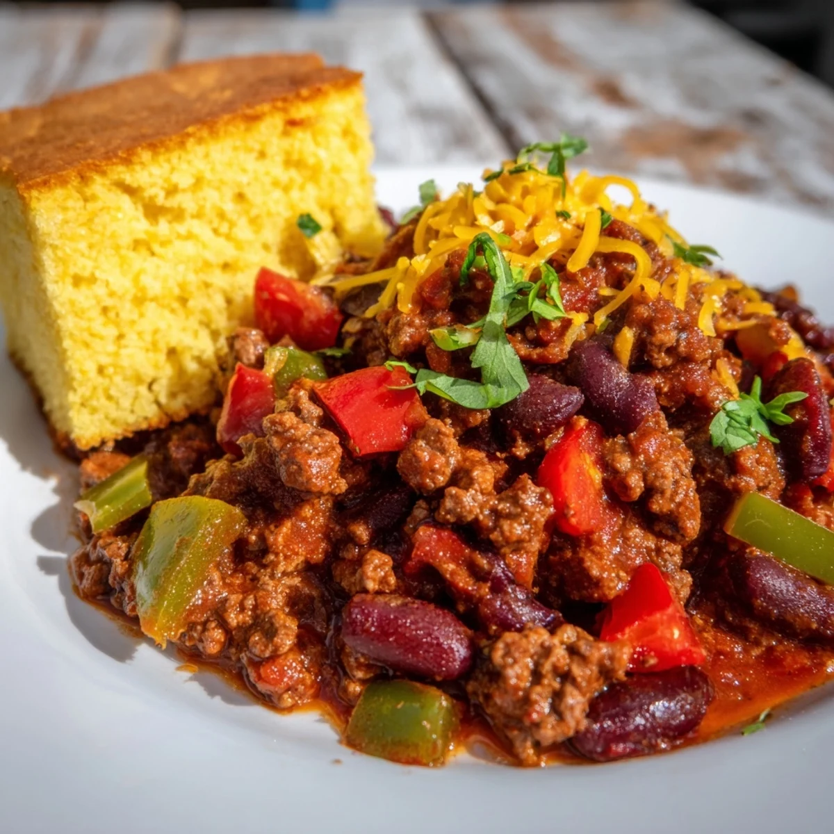 Hearty Beef and Bean Chili simmering with beans and spices alongside a square of warm, tender cornbread.