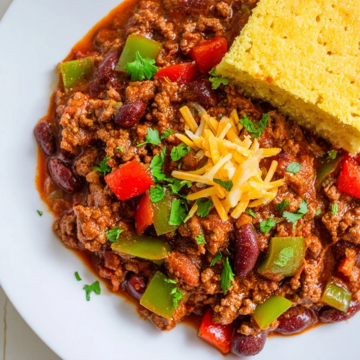 Close-up of rich Beef and Bean Chili ladled into a bowl next to a slice of buttery cornbread.