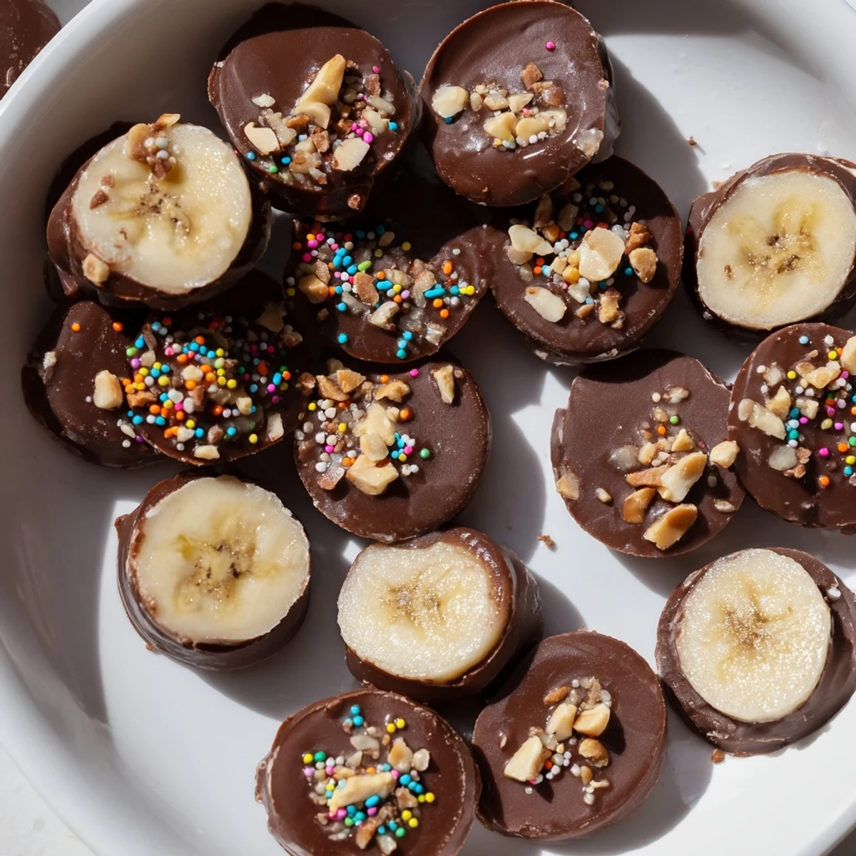 Creamy banana slices coated in dark chocolate on a parchment-lined tray, topped with shredded coconut for a sweet tropical finish.