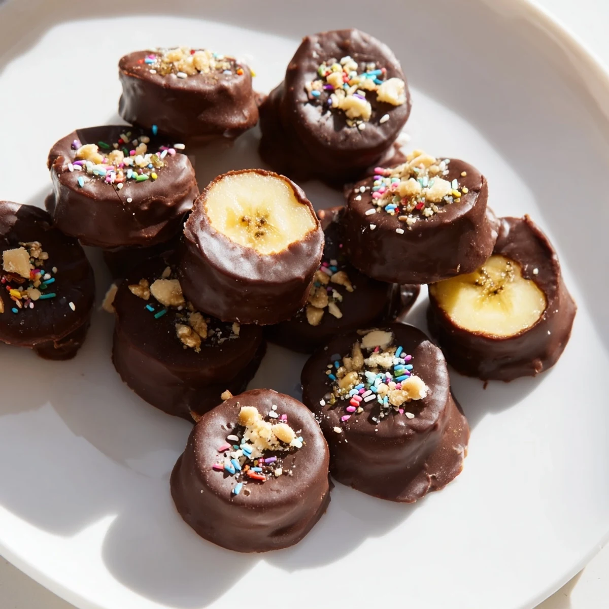 Chocolate covered banana bites frozen on a lined baking sheet, coated in rich dark chocolate and topped with chopped peanuts for crunch.