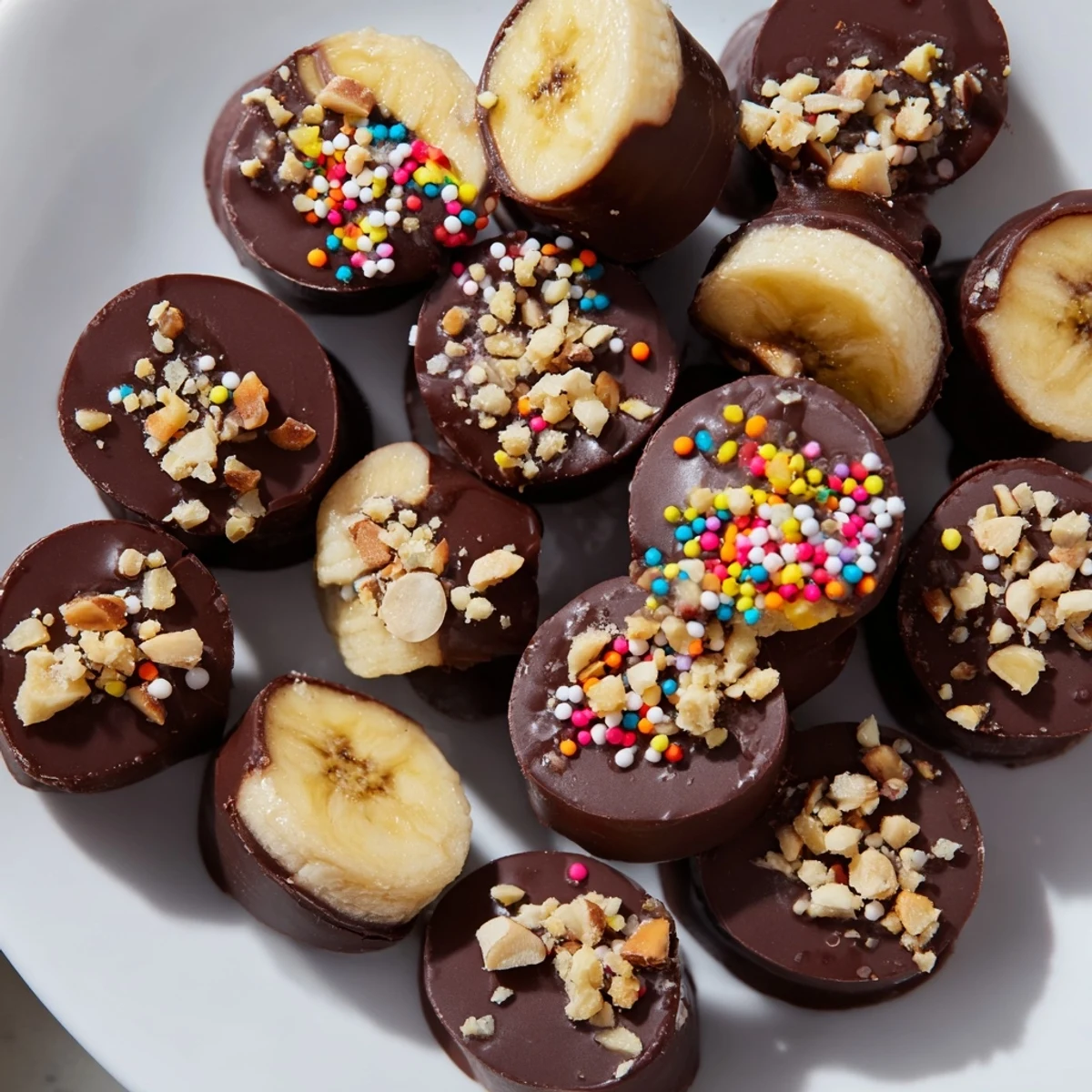 Glossy chocolate covered banana bites on a white plate, sprinkled with rainbow sprinkles and served slightly thawed for a soft bite.