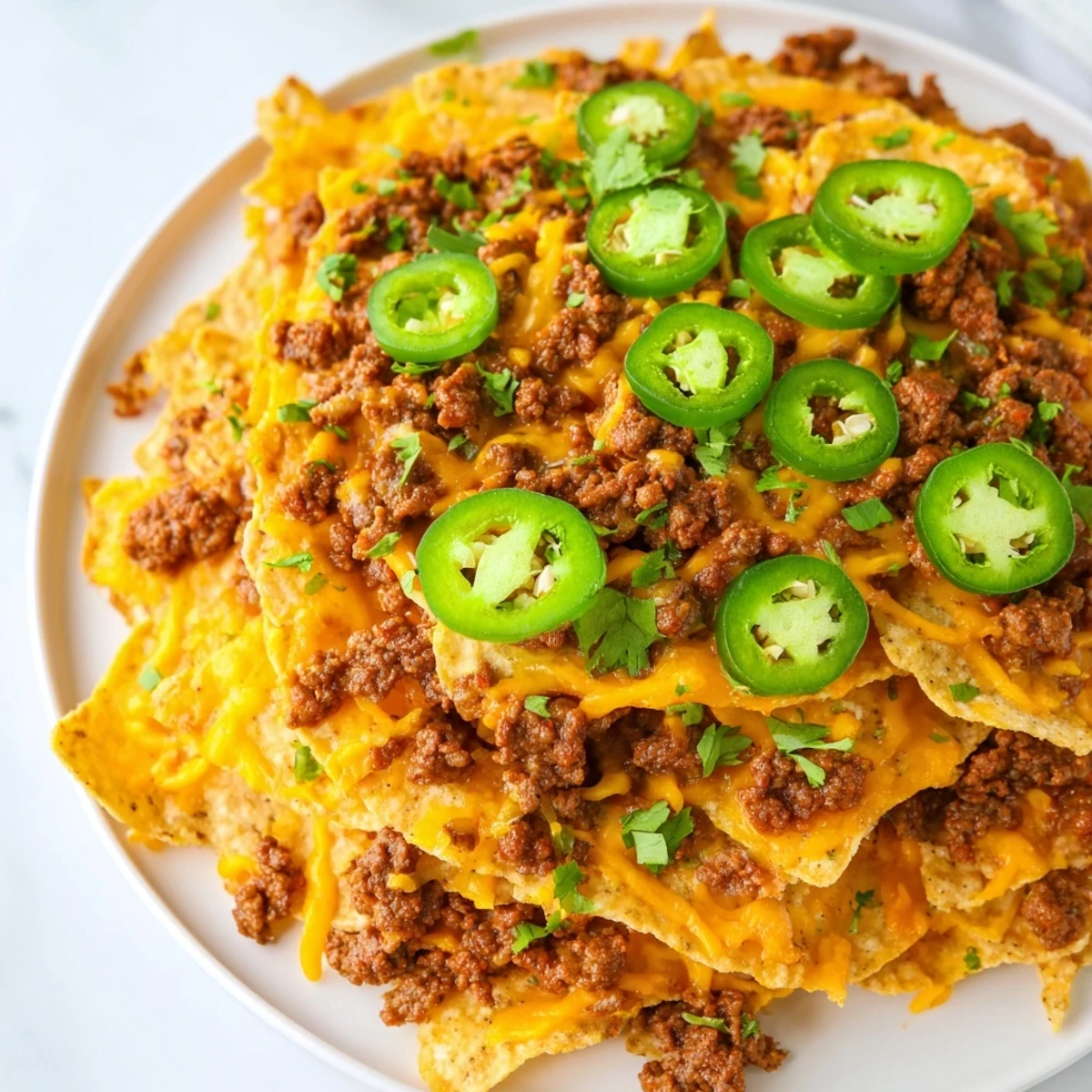 Golden brown tortilla chips layered with seasoned ground beef, melted cheddar, and spicy jalapeño slices on a platter.