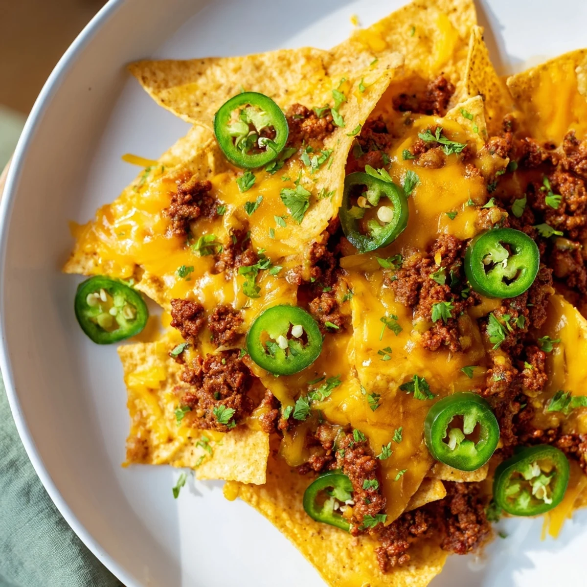 Freshly baked Beef Nachos with Jalapeños and Cheese, garnished with cilantro and served with salsa and guacamole.