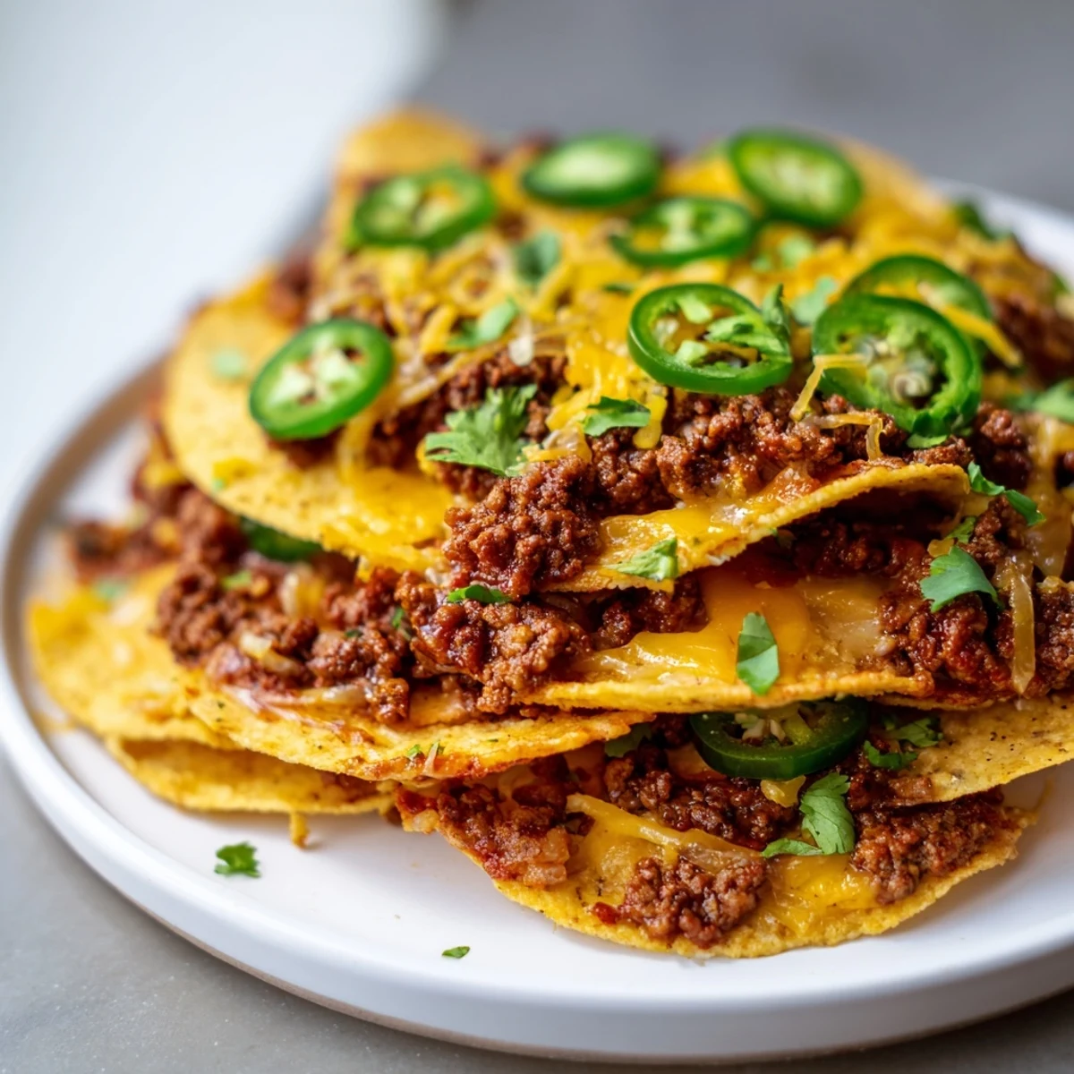 Hot Beef Nachos with Jalapeños and Cheese topped with bubbly melted cheese, perfect for a crowd-pleasing Tex-Mex appetizer.
