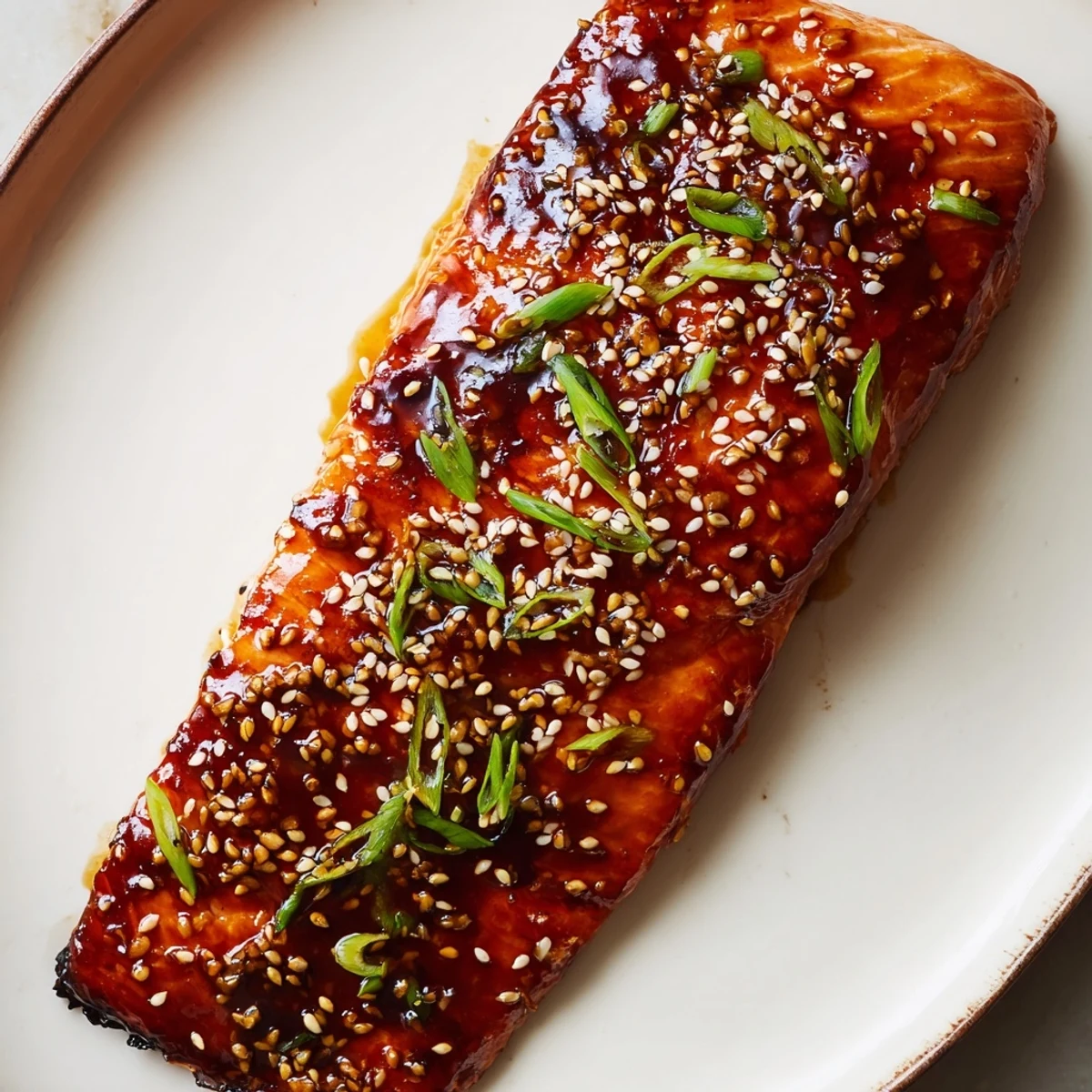 Tender Baked Salmon with Teriyaki Glaze on a plate, ready to serve with steamed rice.
