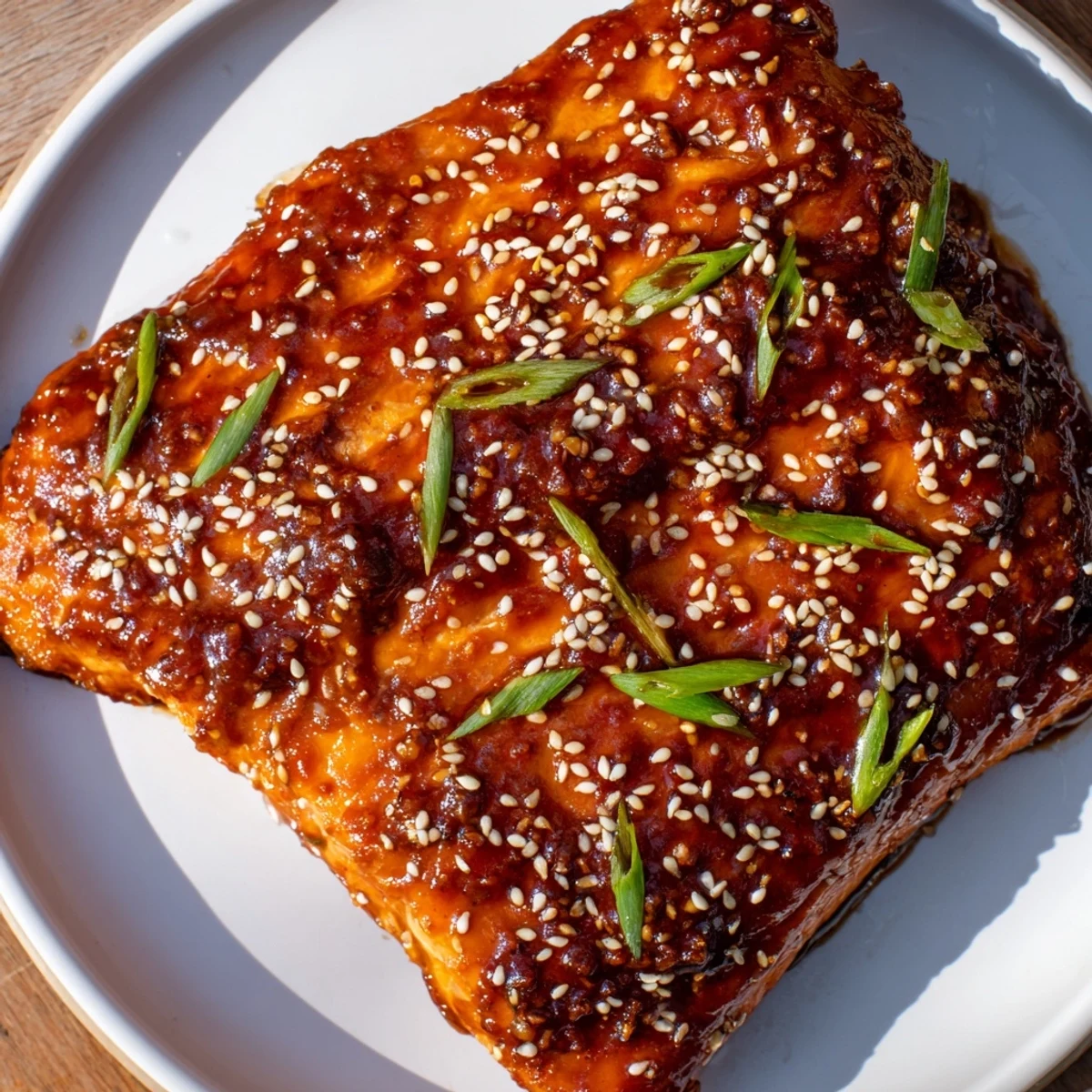 Golden brown baked salmon fillets glistening with teriyaki glaze, garnished with sesame seeds and scallions.