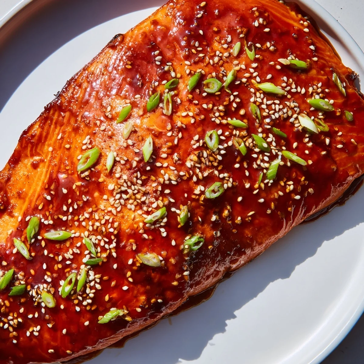 Savory Baked Salmon with Teriyaki Glaze fresh from the oven, flaky and topped with green onions.