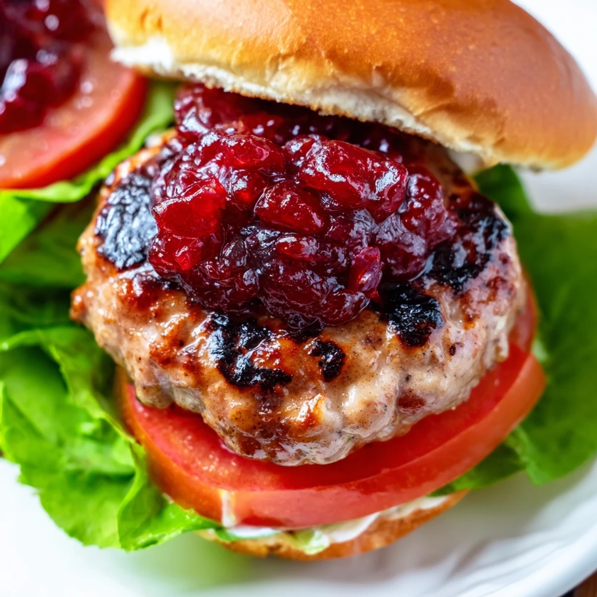 Golden brown turkey burgers with tangy cranberry sauce on a toasted bun with fresh lettuce.