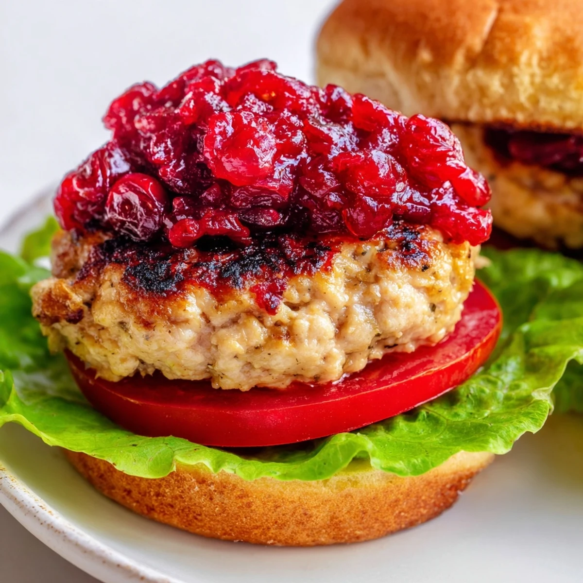 A juicy Turkey Burgers with Cranberry Sauce patty topped with vibrant red sauce and tomato slice.