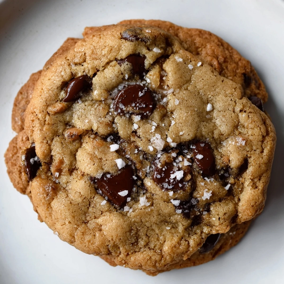 Warm Chocolate Chip Cookies with Sea Salt stacked on a rustic wooden board, melted chocolate chunks and a glass of cold milk nearby.