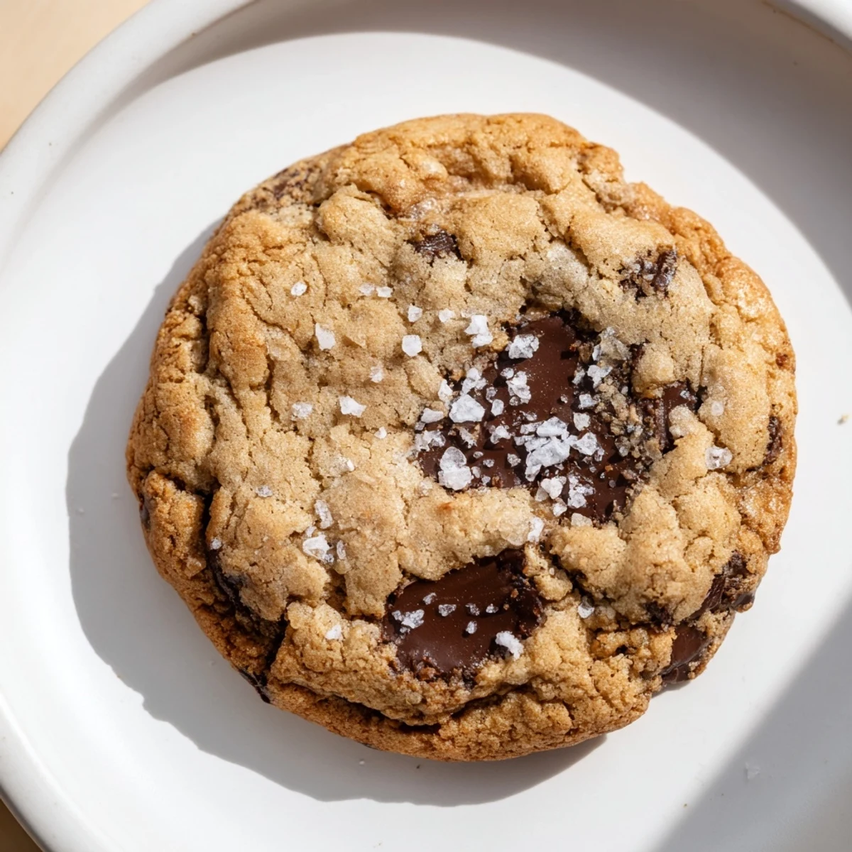 Chocolate Chip Cookies with Sea Salt served on a dessert plate with a cup of coffee, highlighting their soft texture and savory-sweet finish.