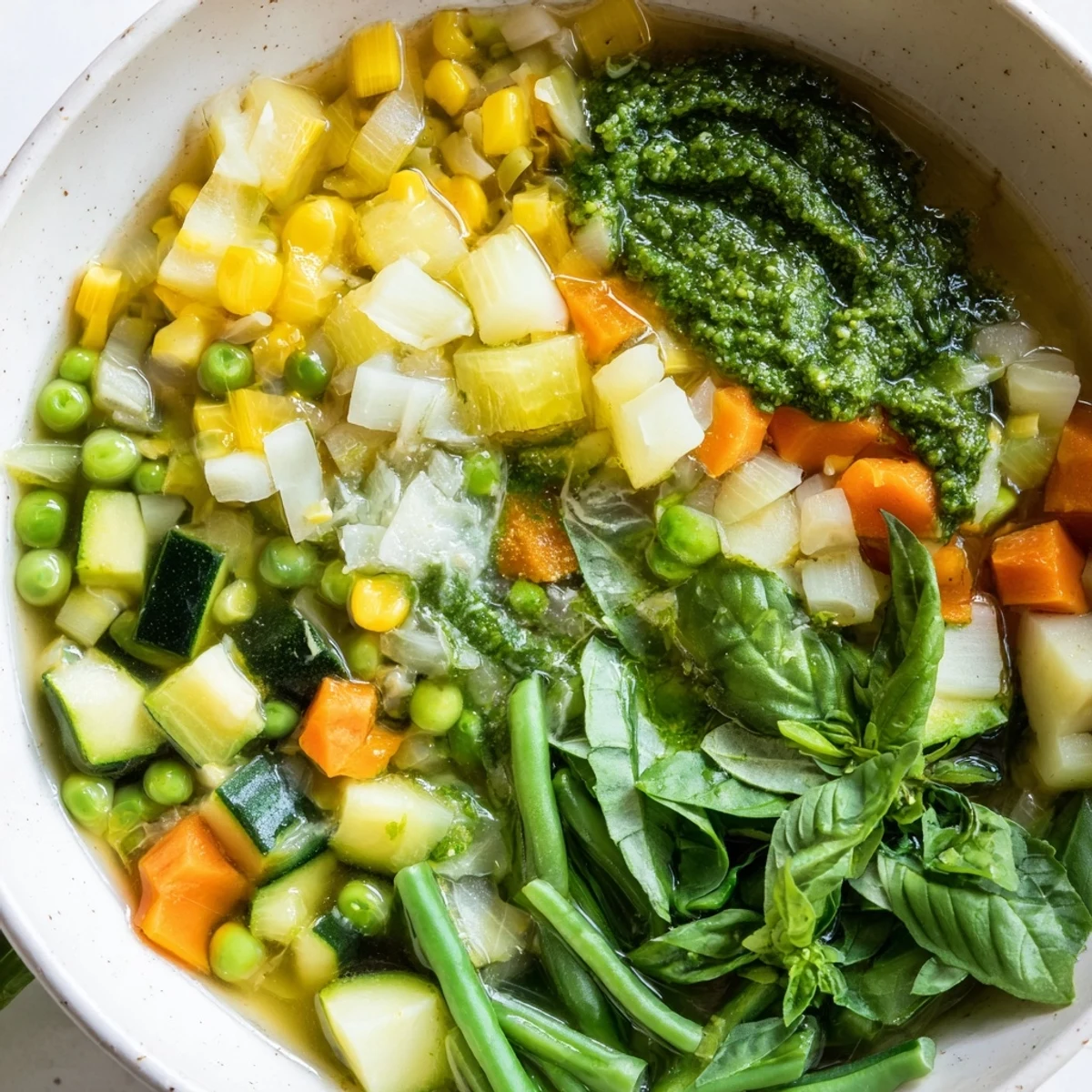 A close-up of Spring Vegetable Soup with Pesto, showcasing tender peas, carrots, and spinach in a bright broth.