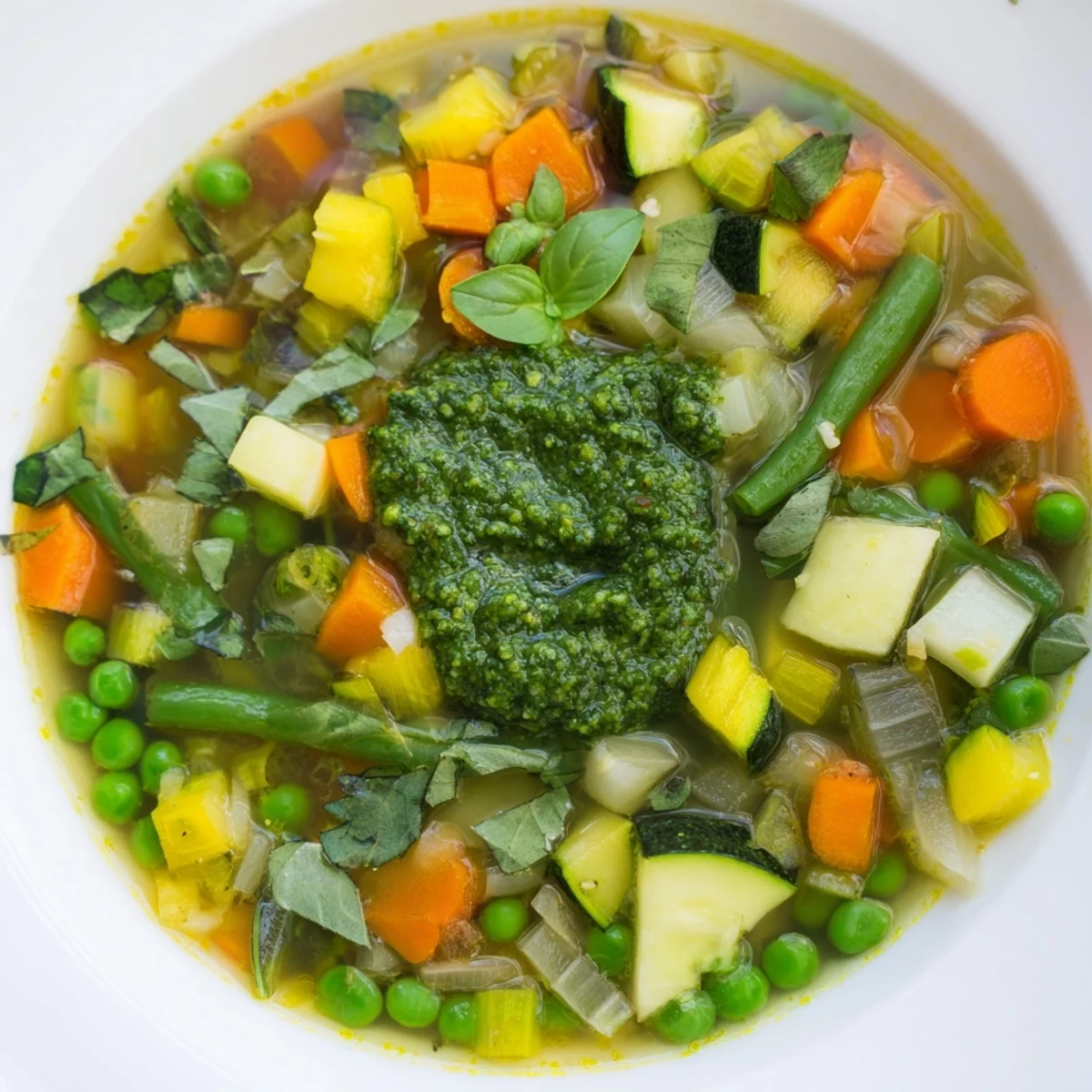 The finished Spring Vegetable Soup with Pesto served hot in a white bowl, garnished with fresh basil and cheese.