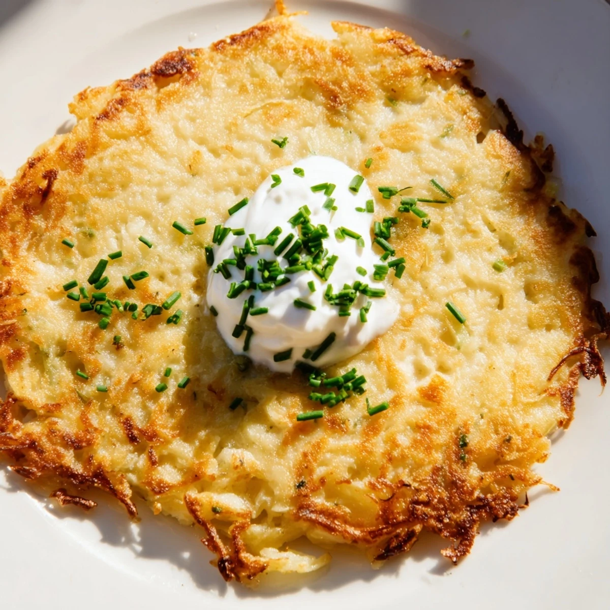A close-up of crispy Irish Boxty with Sour Cream, showing the tender potato interior and creamy dollop on top.