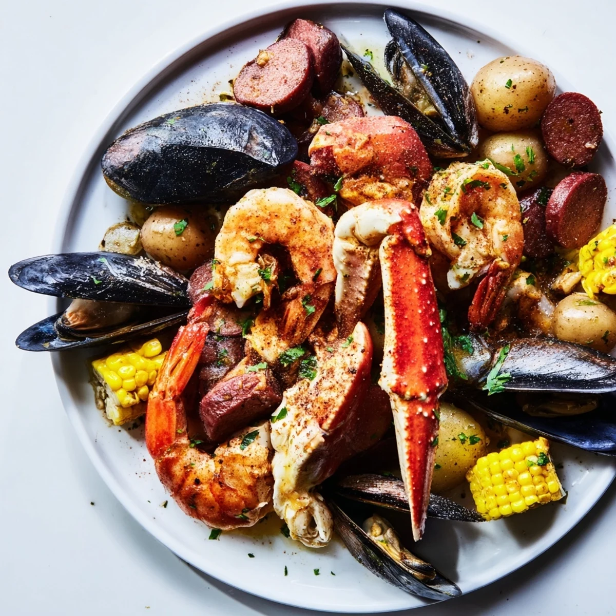 Close-up of a ladle pouring buttery broth over a hearty Cajun Seafood Boil with Corn, potatoes, and sausage on a newspaper-lined table.