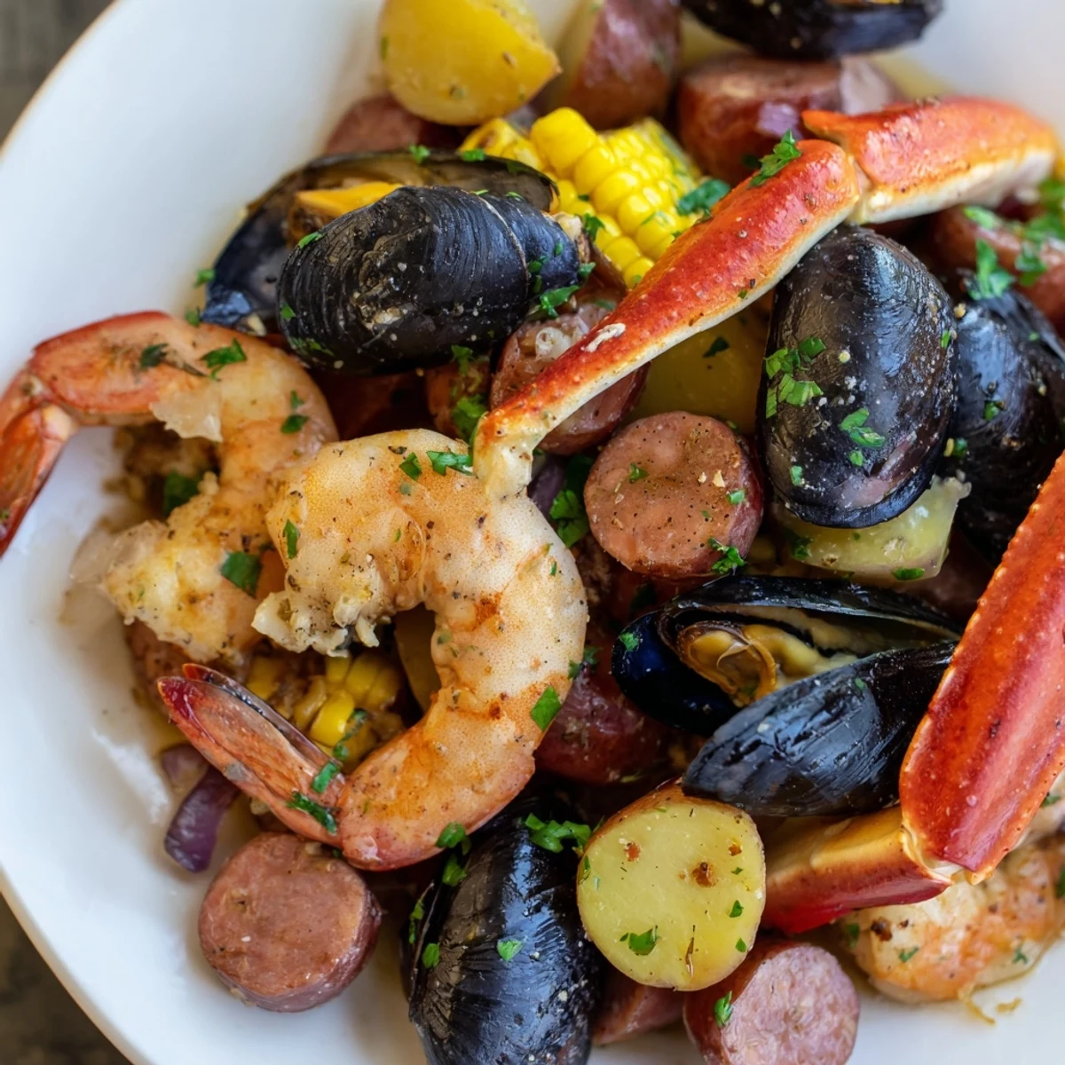 A steaming platter of Cajun Seafood Boil with Corn, featuring plump shrimp and crab legs dusted with spices and garnished with fresh parsley.