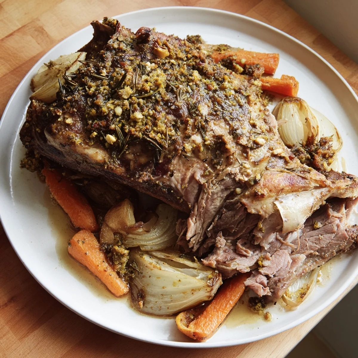 Golden-brown roasted lamb shoulder with herbs sits on a platter, surrounded by caramelized onions and carrots, ready to serve.