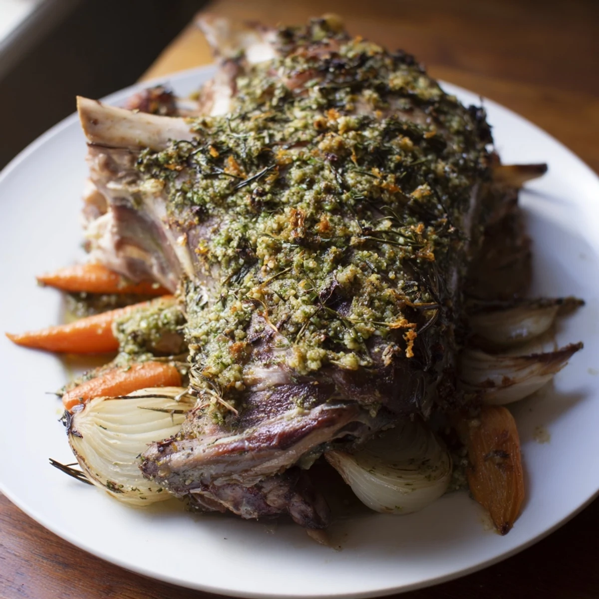 A rustic family-style platter of roasted lamb shoulder with herbs and roasted vegetables, perfect for a Mediterranean dinner.